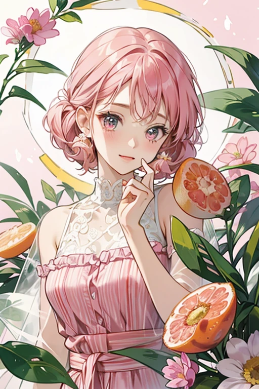 Pink hair girl in the glass，Grapefruit，Flowers，color background