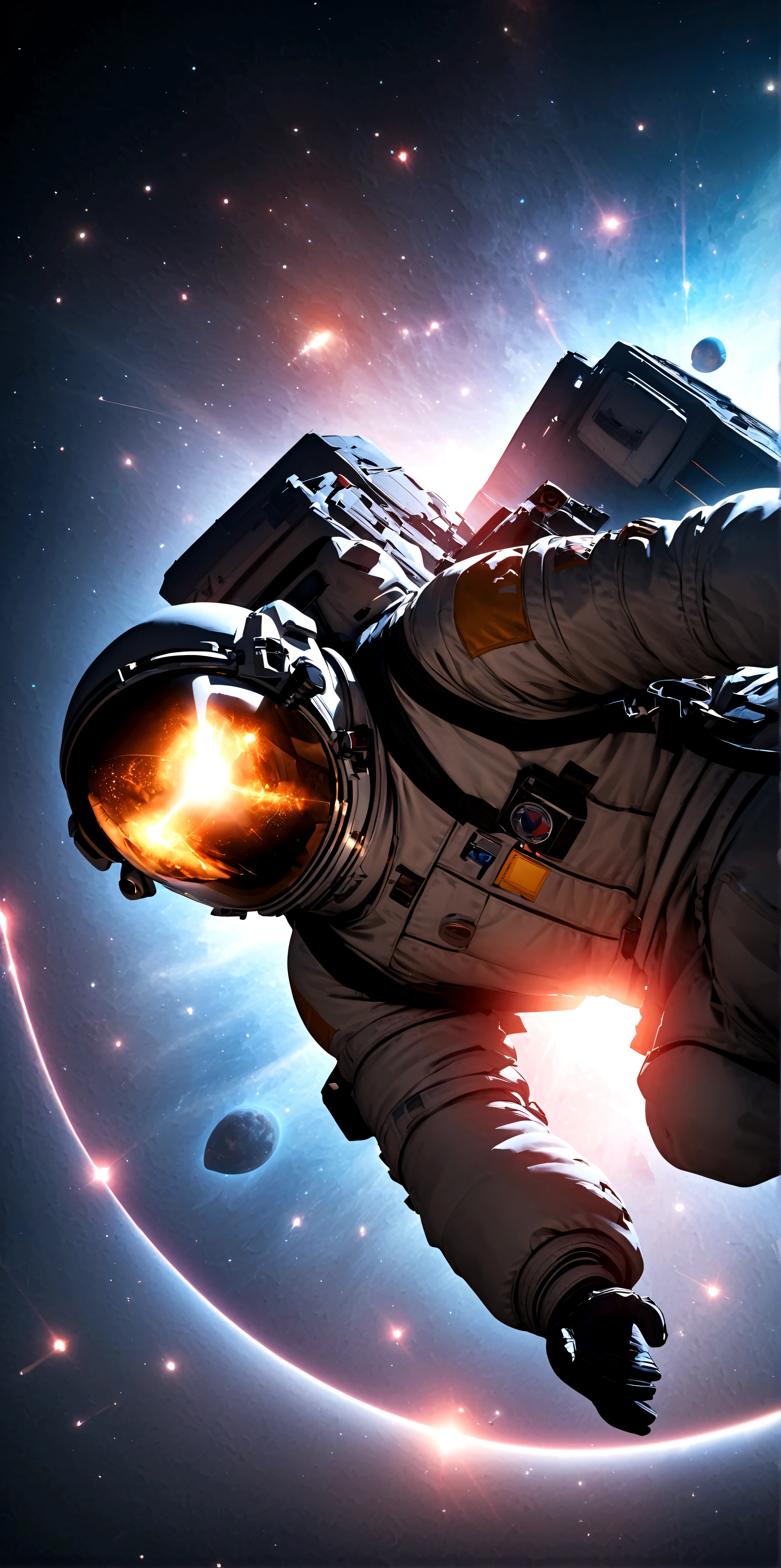 quality\(8k,wallpaper of extremely detailed CG unit, ​masterpiece,hight resolution,top-quality,top-quality real texture skin,hyper realisitic,increase the resolution,RAW photos,best qualtiy,highly detailed,the wallpaper,cinematic lighting,ray trace,golden ratio\), BREAK ,solo,1astronaut\(wearing black spacesuit, dazzling in the space,(long shot:1.4) aimlessly, armed, military look,thruster),(face:0.5)\), background\((space colony), beautiful galaxy, beautiful nebulae, shiny comets, big planet,solar flares, astrophysical plasma,big bang\),(dynamic angle:1.5), dynamic pose,dynamic lens work,