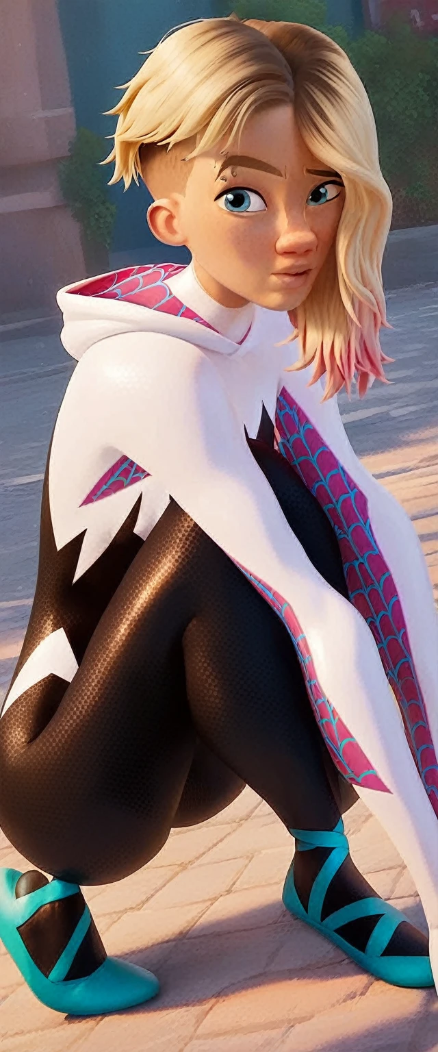 1 girl, tight suit, medium breasts, Blonde, whole body, showing ass, defined body, hands on knees, looking at the viewer, spider costume Gwen, in the park, 