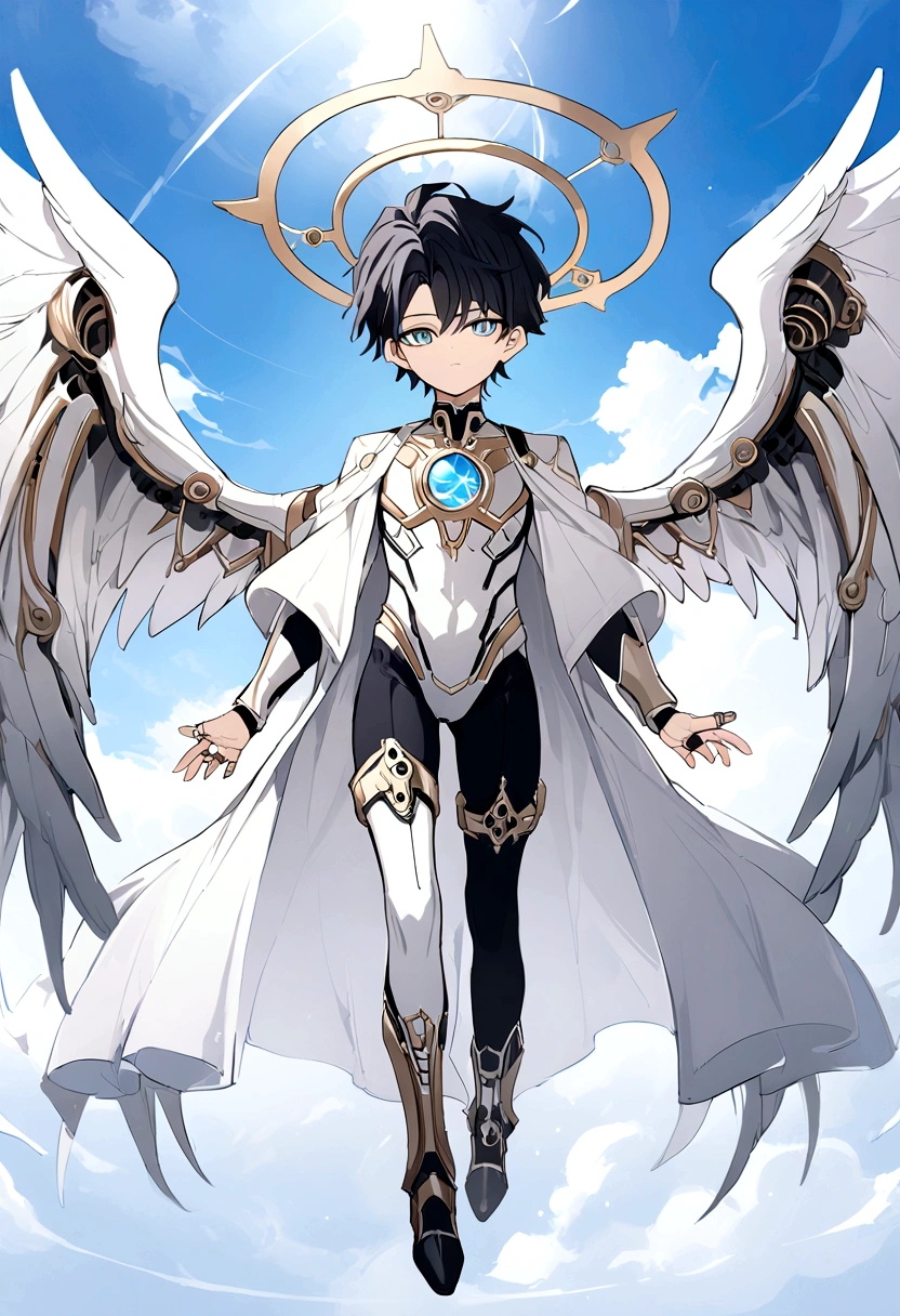 (masterpiece), best quality, 1boy, 1guy, steam punk design, light skin, pale skin color, caucasian skin color, (DARK HAIR, black hair, sky blue EYES), silver Future Technology Armor, (steam punk ring above his head, Precision wings,  Wings of Precision Machinery, precision ring is above his head), (boy, lanky, 15 years old, middle size) , white detail mechanical halo, light skin, pale skin color, caucasian skin color, full body art