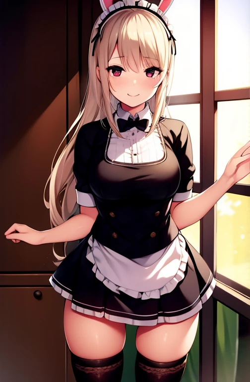Realistic, High resolution, detailed, Structure of the film,Cute woman in maid outfit, Cafe, Black bunny ear band, Black Hair, Long Hair, A shy smile, blush, Hold down the skirt, mini skirt,Big Breasts