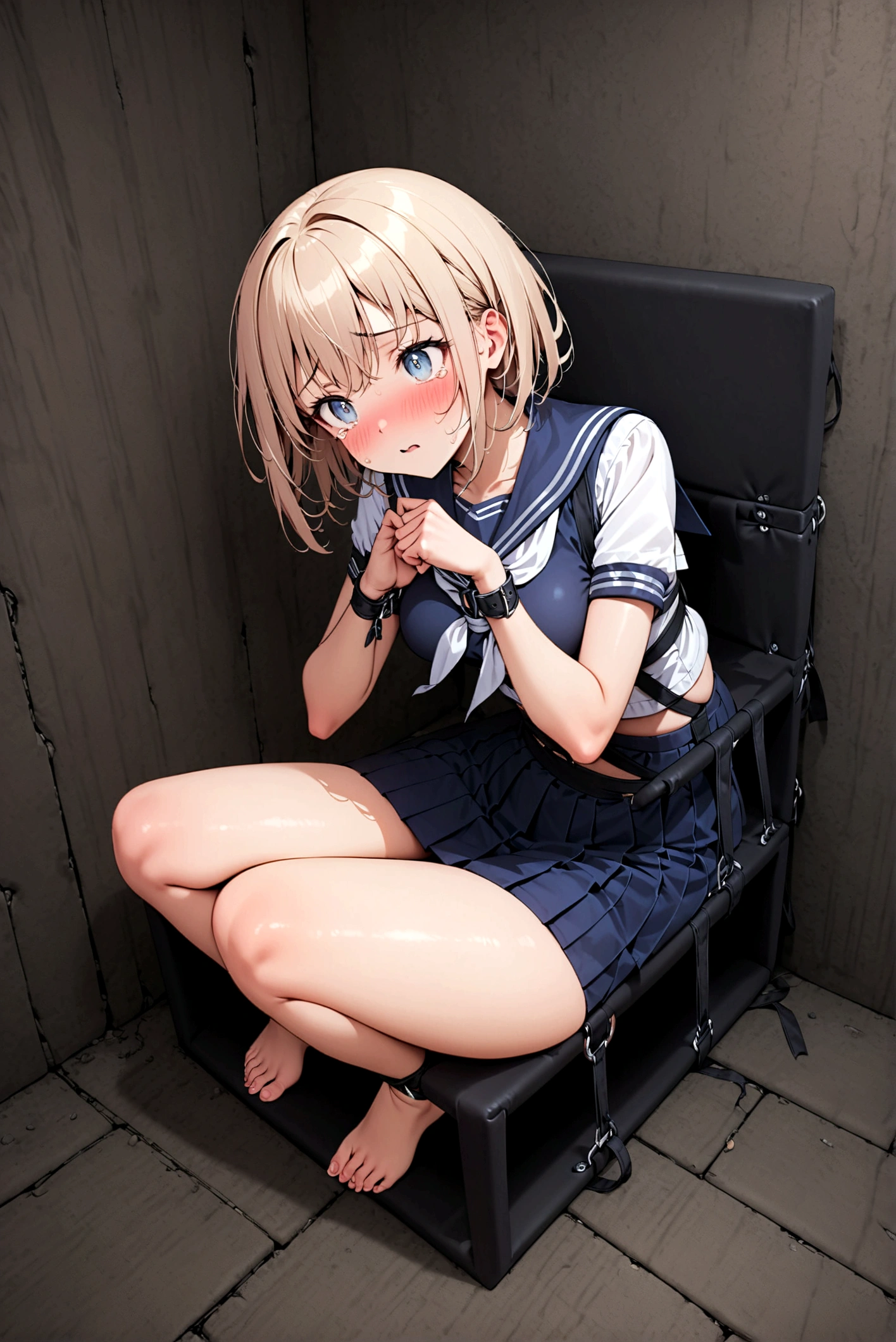 2 girls, strapped to chairs, (bondage chair:1.5), (open legs:1.5), (inside basement, underground, torture room), (ankles tied, wrists tied, ankle cuffs, wrist cuffs), arms to the sides, (blushing:1.5), (crying:1.0), (struggle:1.5), (blushing, worried, scared, teary eyes), ((tight clothes, short sleeves, sailor uniform, mini-skirt, shoeless)), perfect body, perfect face, beautiful face, beautiful eyes, detailed eyes, focus on face, centered