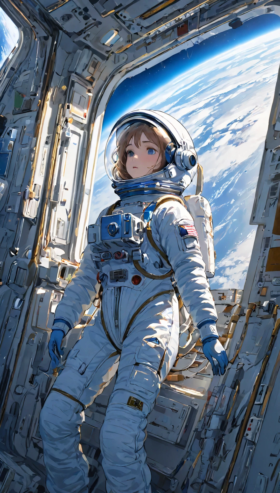 Highest quality、masterpiece、High resolution、RAW Photos、BREAK、Perfect Anatomy、One Girl、Reflective helmet、Wearing a helmet、Skin-tight astronaut suits、２０talent、Zero Gravity Swimming、Space Station、Experimental building、Complex Instrumentation、Detailed depiction、近未来のSpace Station、BREAK、Earth seen from the window、Beautiful Earth、Blue Earth、