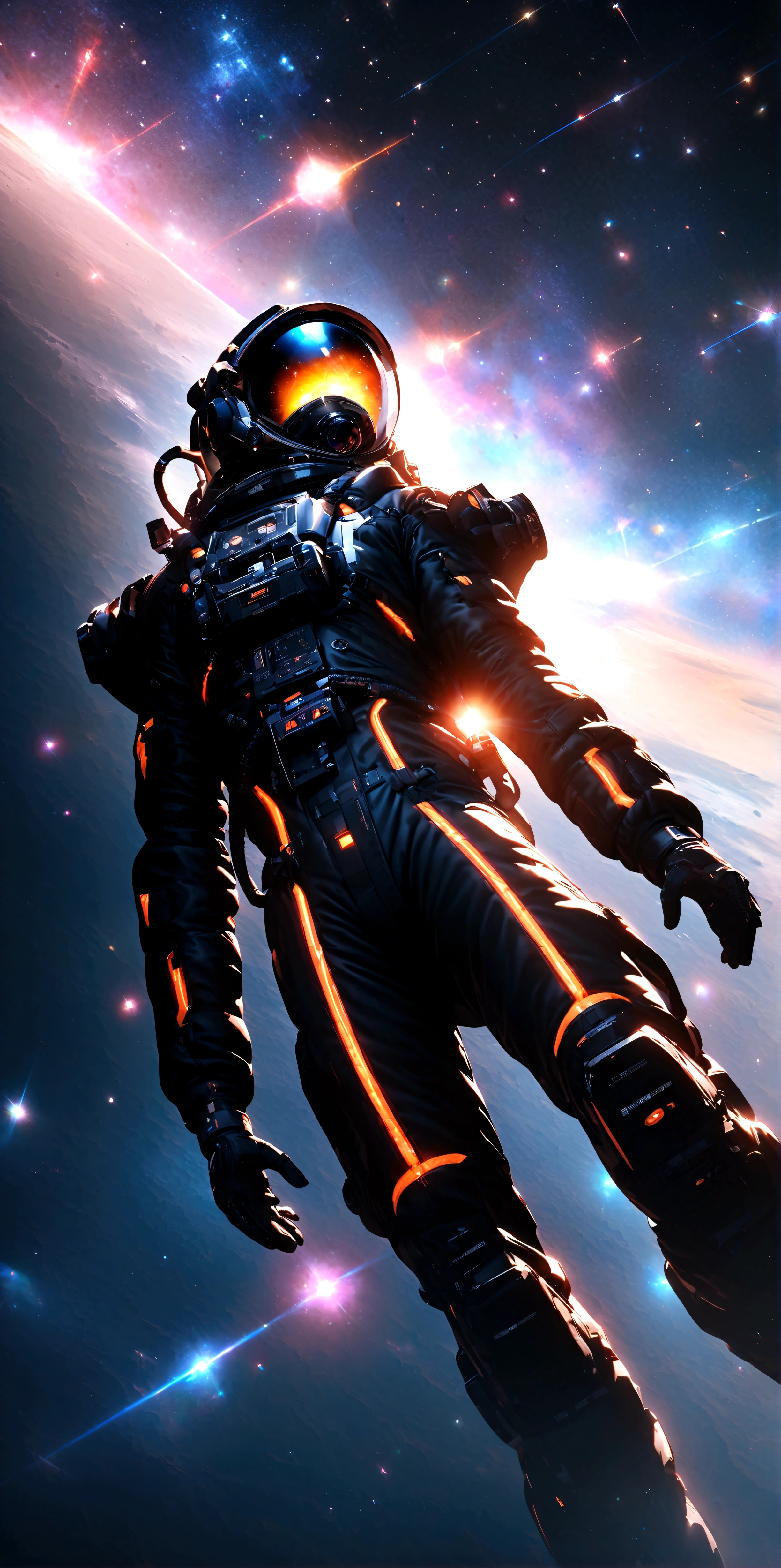 quality\(8k,wallpaper of extremely detailed CG unit, ​masterpiece,hight resolution,top-quality,top-quality real texture skin,hyper realisitic,increase the resolution,RAW photos,best qualtiy,highly detailed,the wallpaper,cinematic lighting,ray trace,golden ratio\), BREAK ,solo,1astronaut\(wearing black spacesuit, dazzling in the space,(long shot:1.4) aimlessly, armed, military look,cowboy shot,thruster)\), background\((space ships), beautiful galaxy, beautiful nebulae, shiny comets, big planet,solar flares, astrophysical plasma,big bang\),(dynamic angle:1.5), dynamic pose,dynamic lens work,