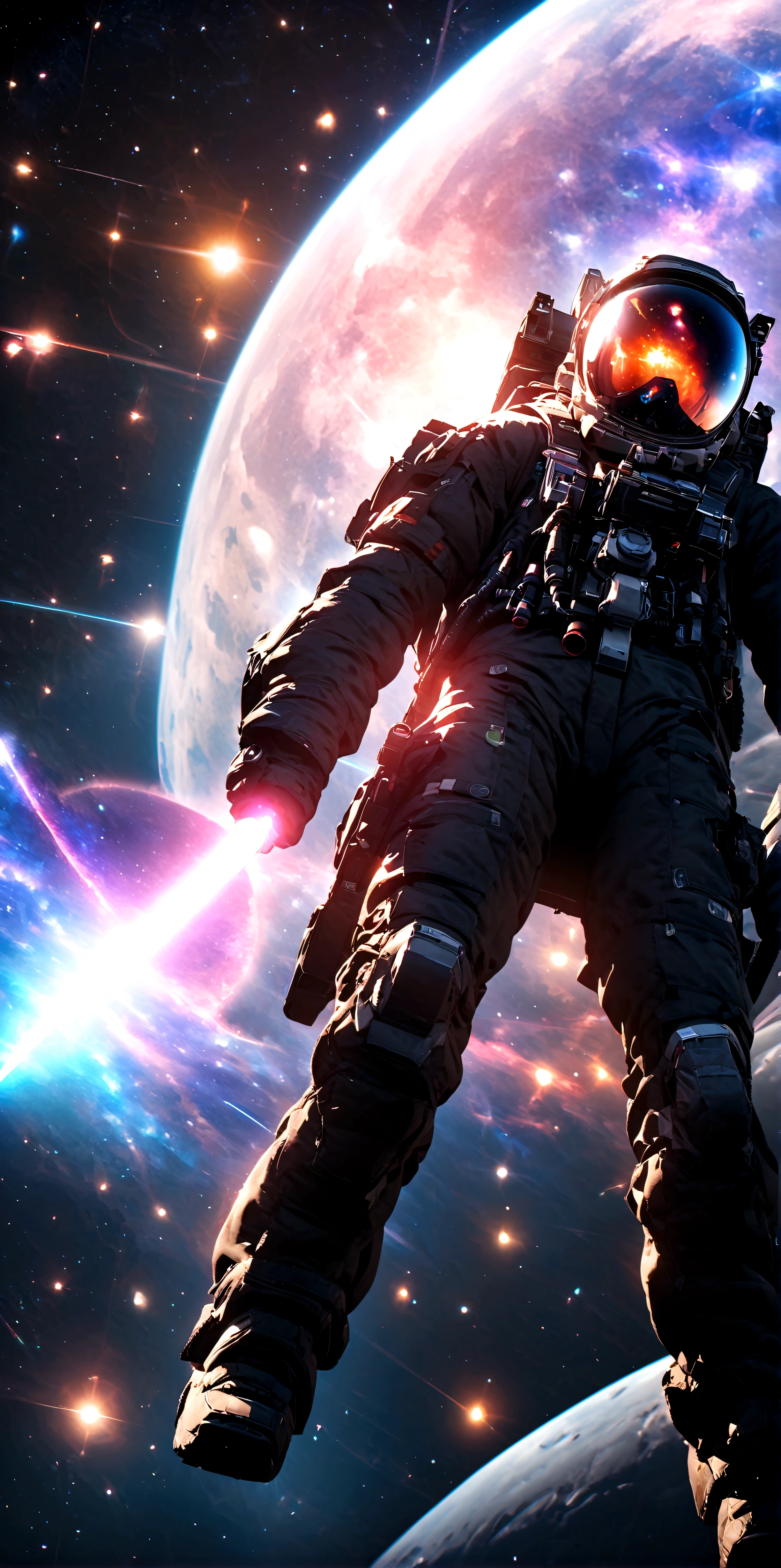 quality\(8k,wallpaper of extremely detailed CG unit, ​masterpiece,hight resolution,top-quality,top-quality real texture skin,hyper realisitic,increase the resolution,RAW photos,best qualtiy,highly detailed,the wallpaper,cinematic lighting,ray trace,golden ratio\), BREAK ,solo,1astronaut\(wearing black spacesuit, dazzling in the space,(long shot:1.4) aimlessly, armed, military look,cowboy shot,thruster)\), background\((space ships), beautiful galaxy, beautiful nebulae, shiny comets, big planet,solar flares, astrophysical plasma,big bang\),(dynamic angle:1.5), dynamic pose,dynamic lens work,