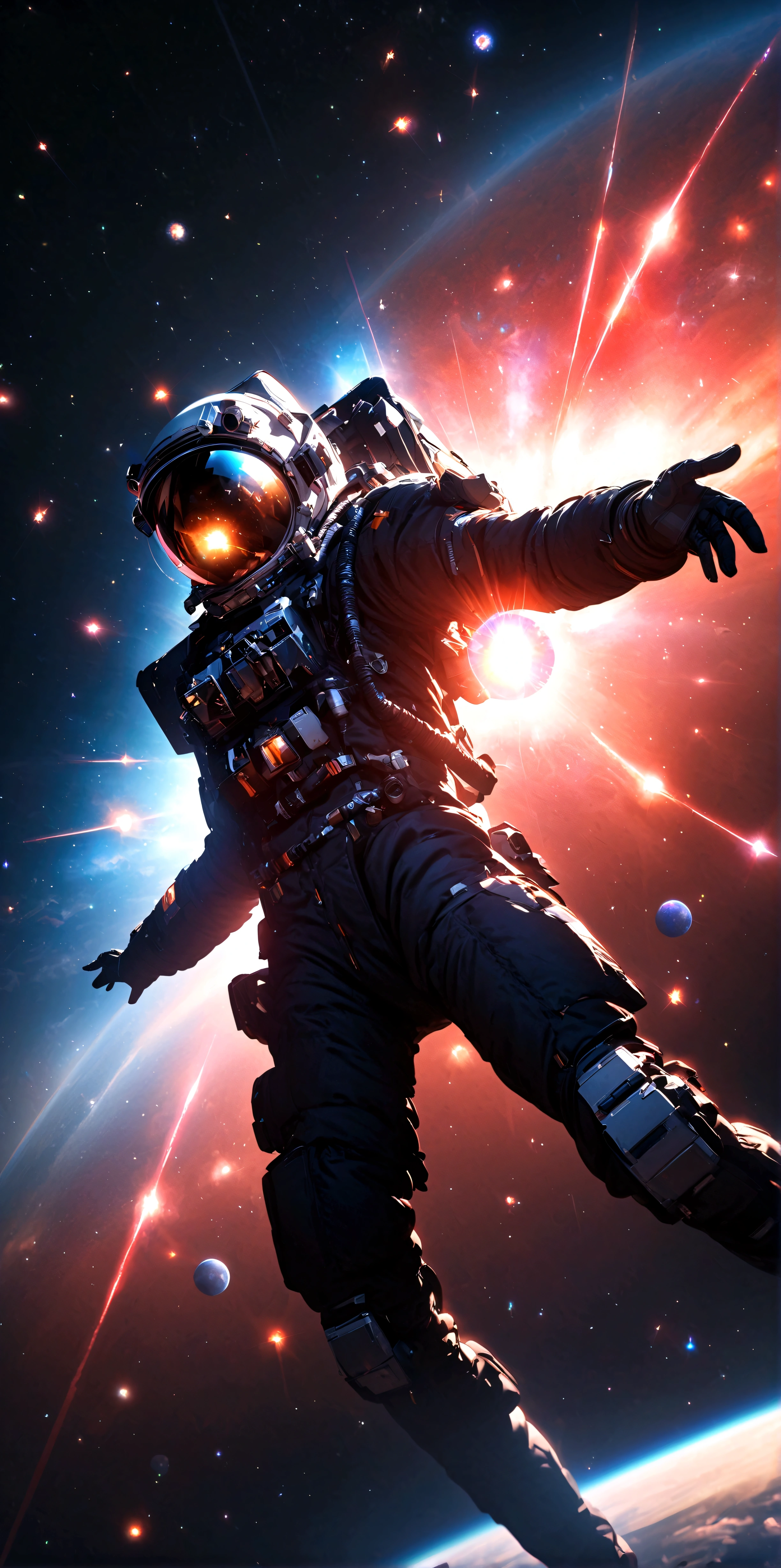 quality\(8k,wallpaper of extremely detailed CG unit, ​masterpiece,hight resolution,top-quality,top-quality real texture skin,hyper realisitic,increase the resolution,RAW photos,best qualtiy,highly detailed,the wallpaper,cinematic lighting,ray trace,golden ratio\), BREAK ,solo,1astronaut\(wearing black spacesuit, dazzling in the space,(long shot:1.4) aimlessly, armed, military look,cowboy shot,thruster)\), background\((space ships), beautiful galaxy, beautiful nebulae, shiny comets, big planet,solar flares, astrophysical plasma,big bang\),(dynamic angle:1.5), dynamic pose,dynamic lens work,