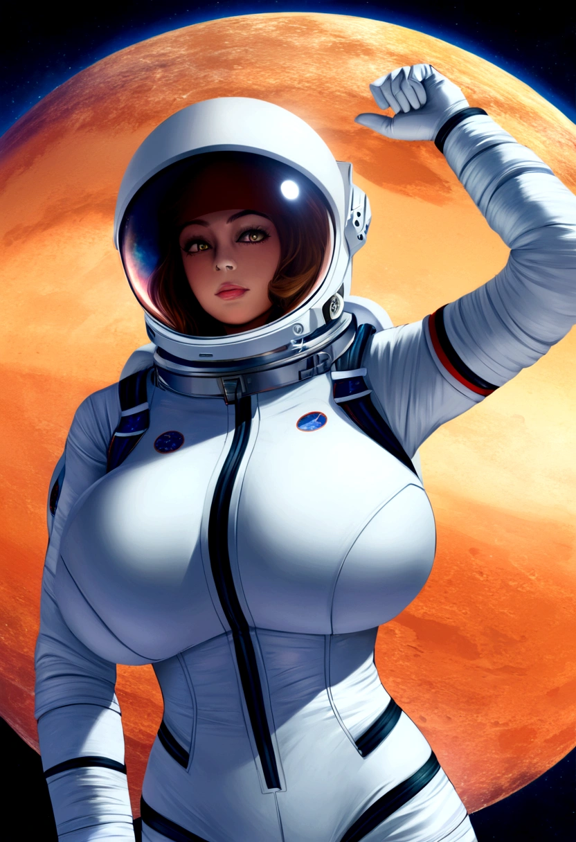 A beautiful astronaut, detailed space suit, floating in zero gravity, detailed helmet with visor, long blonde hair, serene expression, glowing planet in the background, atmospheric lighting, cinematic composition, ultrarealistic, 8k, highly detailed, photorealistic, dramatic lighting, vivid colors, otherworldly, concept art style, giga_busty, breasts