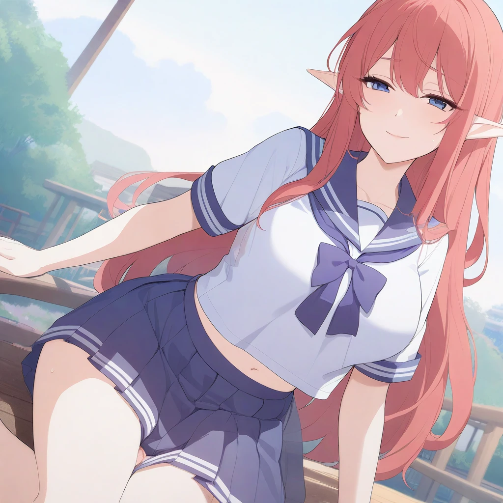 masterpiece, best quality, high quality, beautiful anime character, solo, anime girl with red hair, soft hair, long hair, blue eyes, elf ears, big breasts, mature female, tall female, big girl, thick, (calming face, light smile, loving eyes), outdoors, (sailor uniform, pleated skirt, ribbon), short sleeves, navel, legs, (futanari, futa, dick girl, otonoko, penis under skirt), (penis_under_skirt)