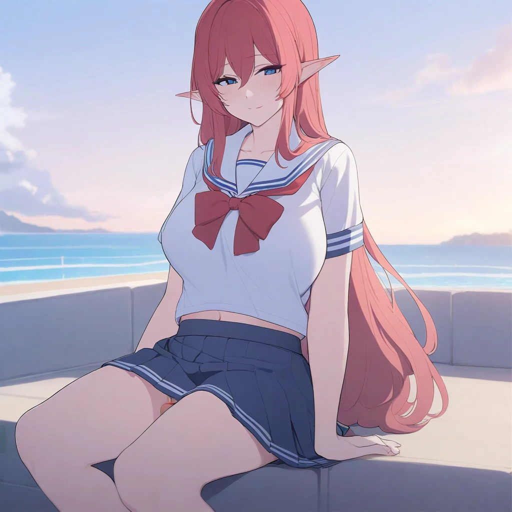 masterpiece, best quality, high quality, beautiful anime character, solo, anime girl with red hair, soft hair, long hair, blue eyes, elf ears, big breasts, mature female, tall female, big girl, thick, (calming face, light smile, loving eyes), outdoors, (sailor uniform, pleated skirt, ribbon), short sleeves, navel, legs, (futanari, futa, dick girl, otonoko, penis under skirt), (penis_under_skirt)