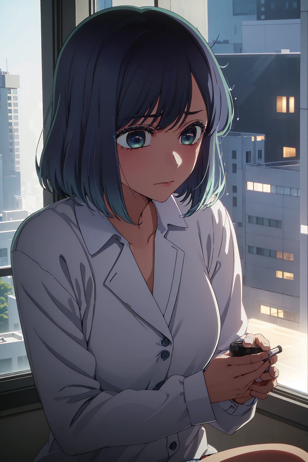 akane kurokawa,naked,rock,Blue Hair,naked,hot,sexy,beautiful,Perfect body,One Girl,big ,masterpiece,Perfect Face,Expressive Face,naked,night、Lying on a bed by the window in a high-rise building,Atmospheric lighting、Sad face