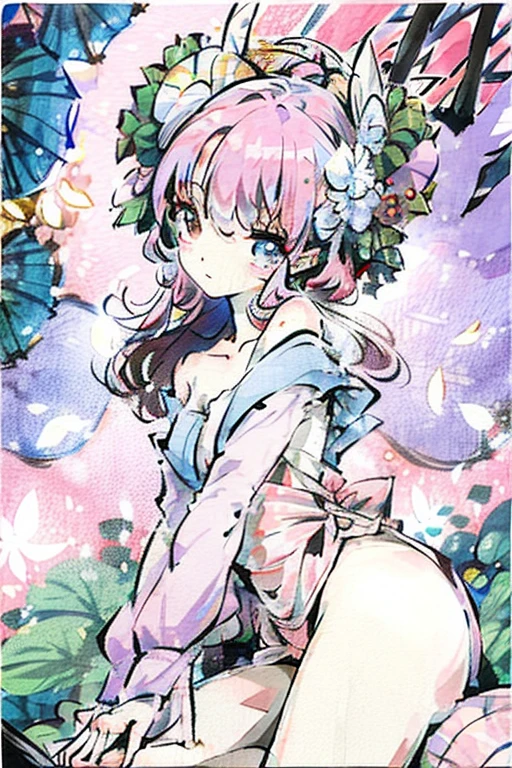 Pink Hair Girl,Begonia,Round fan,Butterfly