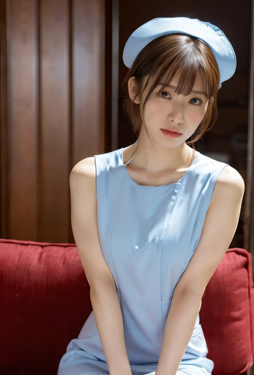 4086kbit，Attention to detail，The Truth About Skin and Skin Texture,

(Nurse Uniform, Nurse hat, Blue Nurse Uniform, High leg, Beautiful bare legs:1.6),
(The shape of the nipples is visible,rich,Beautiful thighs,Ultra-detailed skin,Small pores in the skin:1.4),

((Her body is incredibly beautiful and stylish, She has an angry look:1.4)),
((Sit deeply on the sofa, Being touched on the buttocks during rape, Touching the crotch:1.6)),

((28 years old, Satomi Ishihara naked, Naughty lips, Sexy body, Body facing sideways:1.4)),

((Small breasts, Flat Chest, chest is slightly drooping, Pink nipples:1.2)),
((Girls Bar, Dark interior, Pink heart shaped wallpaper, Complete darkness:1.4)),

Eye focus, Narrow shoulders, Beautiful clavicle, Thin arms, Thin legs, The back of the hand is beautiful and feminine, Slim figure, Soft belly, Tight waist, Highly detailed face, super detailed breasts, Ultra-detailed skin, Fair skin, Shiny skin, Ultra-detailed lips, Fuller lips, Thick and soft lips, Glossy pink lips, Blushing, White teeth, blue eyes, Beautiful actress makeup, Intense and cute makeup, Bright red lipstick, Dark brown hair, Delicate and soft hair, (Put your hair up, Fluffy short bob:1.2), (Sweep your bangs to the side:1.2), (Stylish earrings,necklace:1.2),

