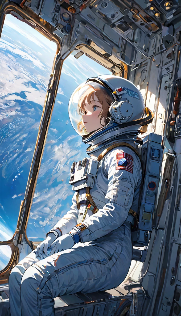 Highest quality、masterpiece、High resolution、RAW Photos、BREAK、Perfect Anatomy、One Girl、Reflective helmet、Wearing a helmet、Skin-tight astronaut suits、２０talent、Zero Gravity Swimming、Space Station、Experimental building、Complex Instrumentation、Detailed depiction、近未来のSpace Station、BREAK、Earth seen from the window、Beautiful Earth、Blue Earth、