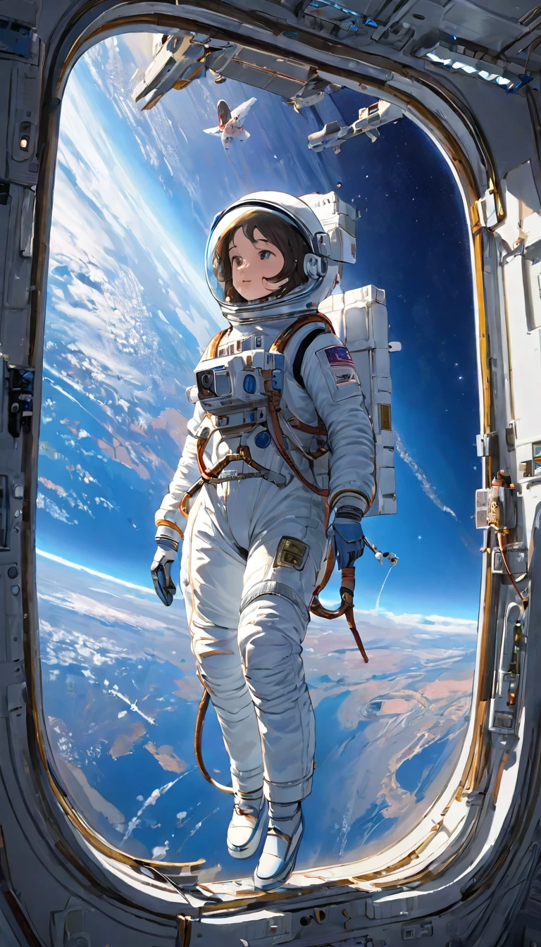 Highest quality、masterpiece、High resolution、RAW Photos、BREAK、Perfect Anatomy、One Girl、Reflective helmet、Wearing a helmet、Skin-tight astronaut suits、２０talent、Zero Gravity Swimming、Space Station、Experimental building、Complex Instrumentation、Detailed depiction、近未来のSpace Station、BREAK、Earth seen from the window、Beautiful Earth、Blue Earth、