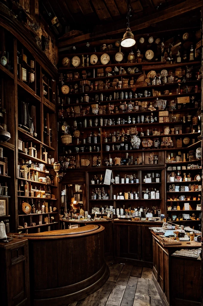 potion shop, village, dirt path way, open side, books and potions in the shop, medieval style, night time, ripped cloth pieces, broken glasses, messy table, pages pinned to wall, wands in the corner, a board in front of shop, old and vinteg looking