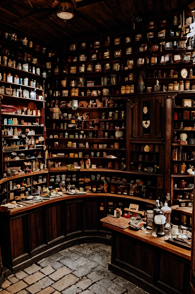 potion shop, village, dirt path way, open side, books and potions in the shop, medieval style, night time, ripped cloth pieces, broken glasses, messy table, pages pinned to wall, wands in the corner, a board in front of shop, old and vinteg looking