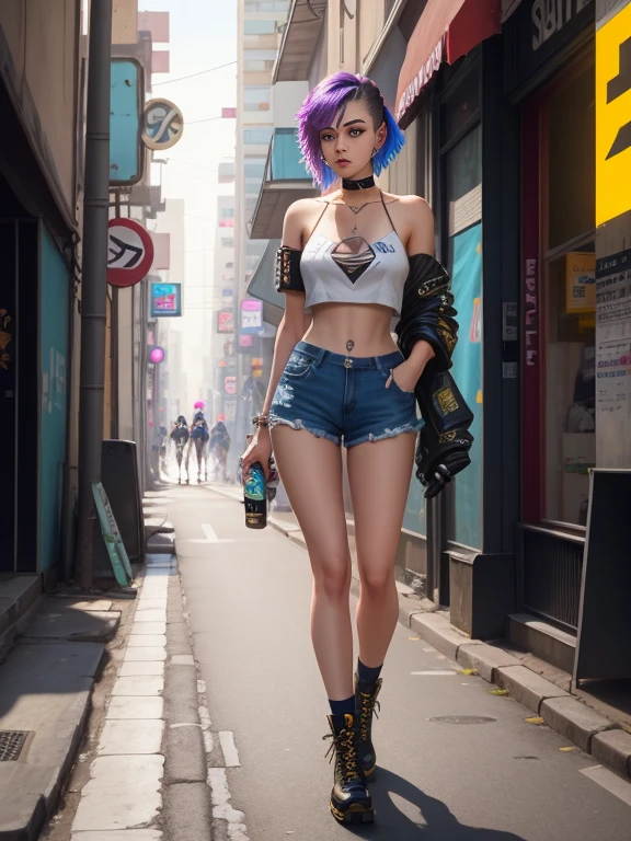 Il y a une femme qui marche dans la rue en High-waisted shorts with a crop top, choker, and Doc Martens, Ross Tran 8 K, Style Ross Tran, Cyberpunk 2 0 et. o model girl, Dans le style de Ross Tran, soutien-gorge et shorts streetwear, Dans Cyberpunk City, Elle porte du streetwear, dans une ville Cyberpunk, dans le style cyberpunk, posant dans une rue urbaine, e-fille, E - fille
