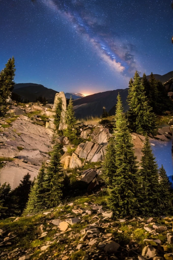 Night full of stars, mountains can be seen in the background 