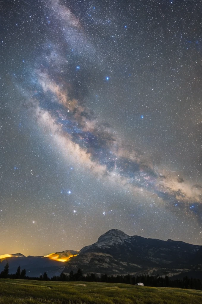 Night full of stars, mountains can be seen in the background 