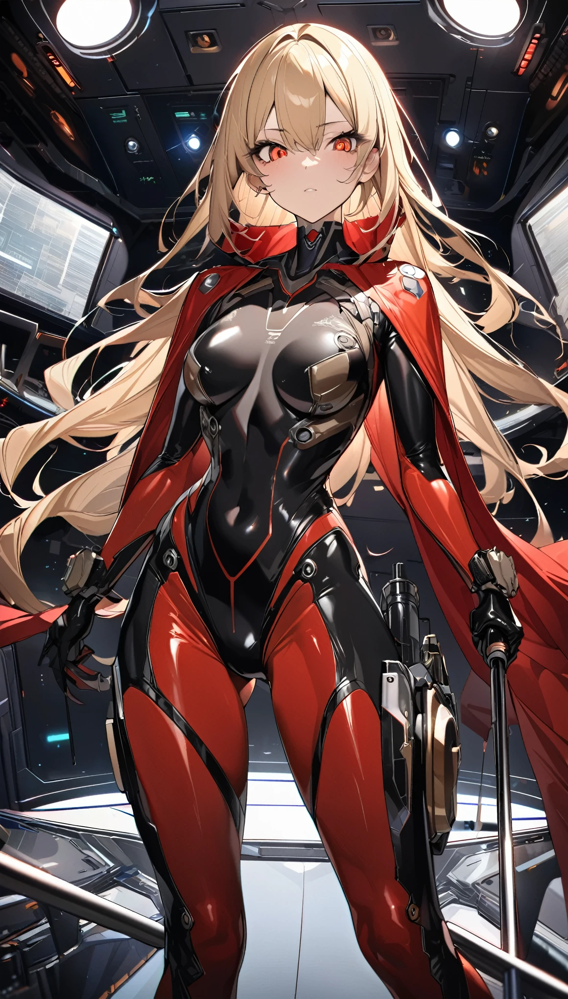 best quality, super fine, 16k, incredibly absurdres, extremely detailed, 2.5D, delicate and dynamic depiction, beautiful woman with a large stitched scar on her face, Narrow face, straight blonde hair, sharp slit eyes, red and black seamless shiny combat full body suit, long cape, rapier, background analyzer lab room inside the spacecraft