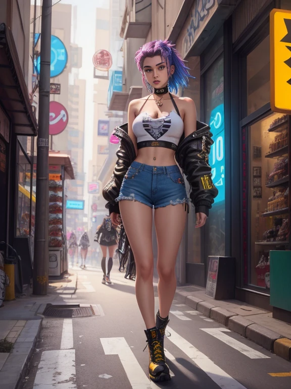 Il y a une femme qui marche dans la rue en High-waisted shorts with a crop top, choker, and Doc Martens, Ross Tran 8 K, Style Ross Tran, Cyberpunk 2 0 et. o model girl, Dans le style de Ross Tran, soutien-gorge et shorts streetwear, Dans Cyberpunk City, Elle porte du streetwear, dans une ville Cyberpunk, dans le style cyberpunk, posant dans une rue urbaine, e-fille, E - fille
