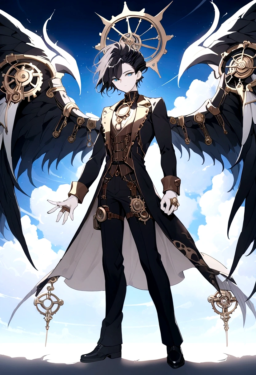 (masterpiece), best quality, 1boy, 1guy, steam punk design, light skin, pale skin color, caucasian skin color, (DARK HAIR, black hair, sky blue EYES), steam punk costume, ultimate detail clockworked ring above his head, Precision wings,  Wings of Precision Machinery, precision ring is above his head, (boy, lanky, 15 years old, middle size) , light skin, pale skin color, caucasian skin color, full body art