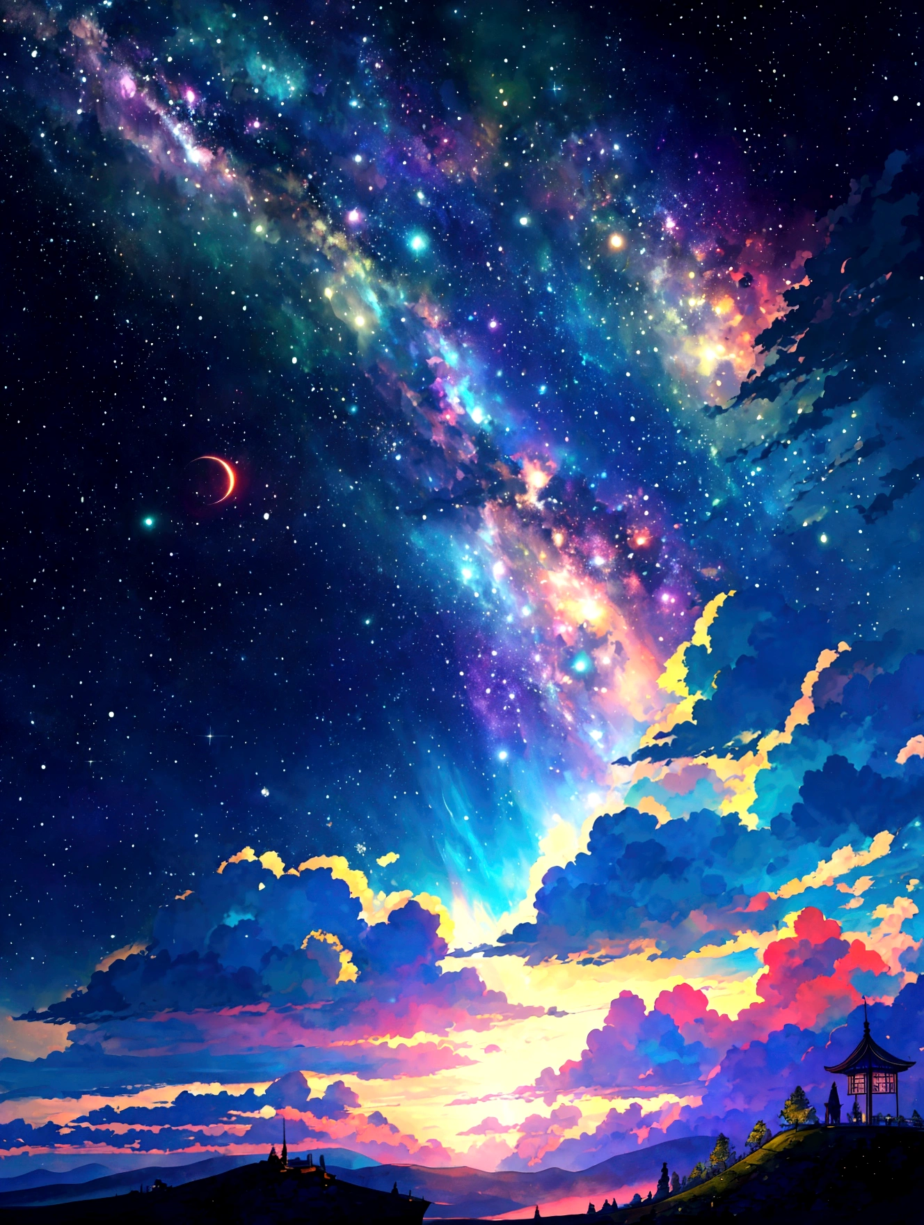 Rainbow Sky，colorful，beauttiful stars，wonderful景色，Utopia，An atmosphere full of dreams and hope，masterpiece．16K, Ultra-high resolution, Ultra-high resolution, to be born,wonderful ,future、Iridescent、The world 30 years from now。