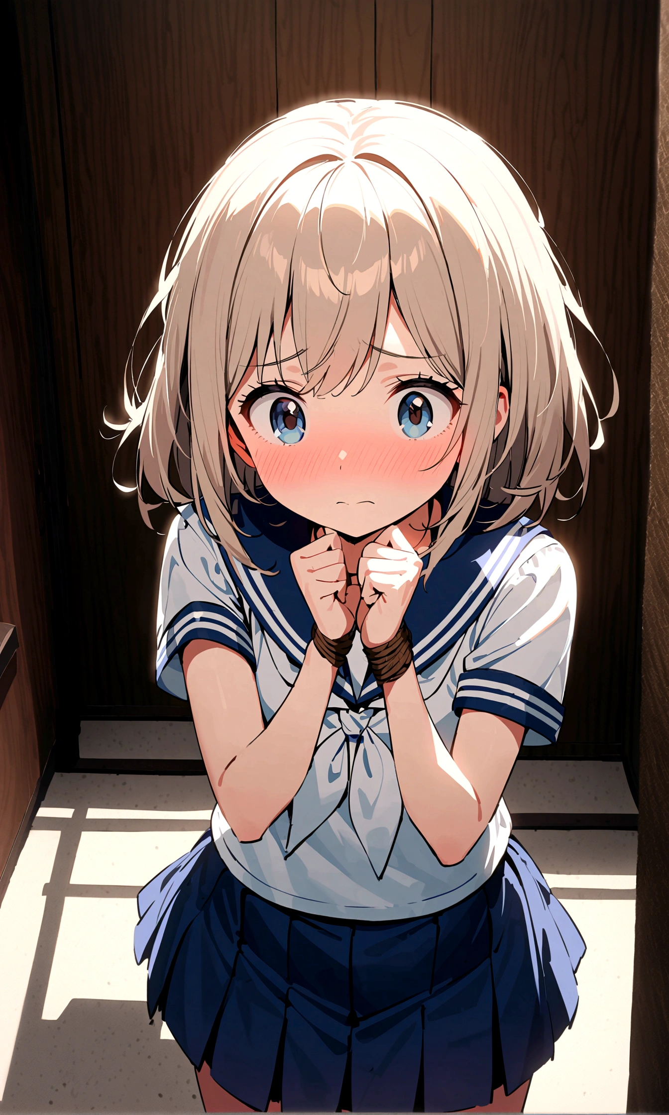 2 girls, shoved inside one locker, ((sailor uniform, short sleeve, tight clothing, miniskirt)), (blushing:1.5), (teary eyes:1.5), (tied up:1.5), (tied wrists:1.5), arms up, hanging, (blushing, worried, teary eyes), perfect body, perfect face, perfecte eyes, beautiful eyes, detailed eyes, image taken from inside, closed door