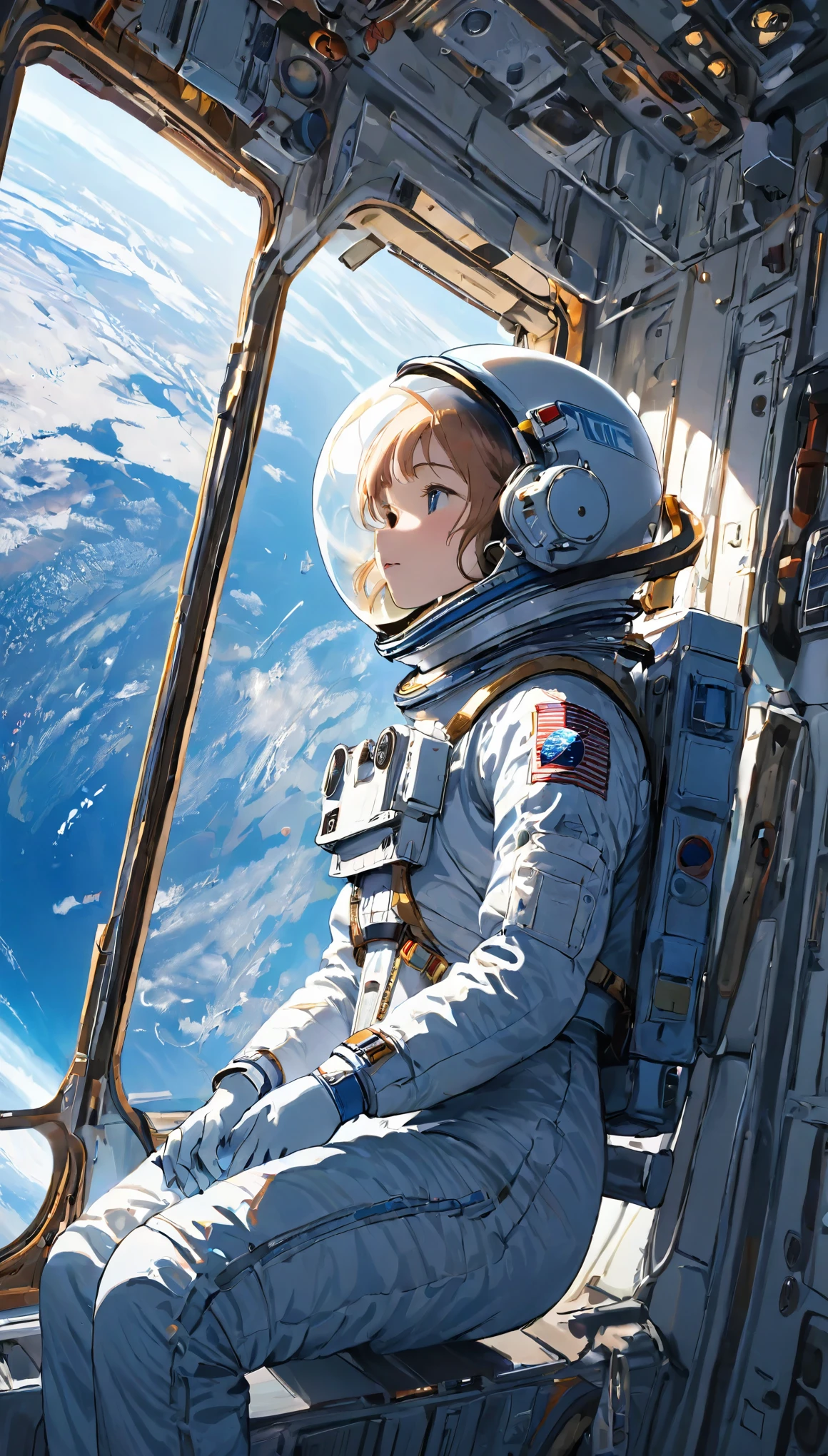 Highest quality、masterpiece、High resolution、RAW Photos、BREAK、Perfect Anatomy、One Girl、Reflective helmet、Wearing a helmet、Skin-tight astronaut suits、２０talent、Zero Gravity Swimming、Space Station、Experimental building、Complex Instrumentation、Detailed depiction、近未来のSpace Station、BREAK、Earth seen from the window、Beautiful Earth、Blue Earth、