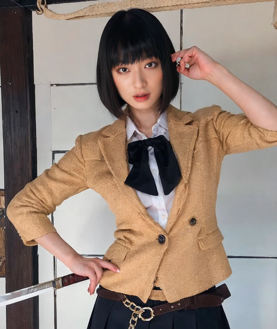 girl in a red blazer and blue plaid skirt sitting on a ledge, short hair, Anzu Mazaki from Yu Gi Oh, hyperrealistic, beautiful high school girl