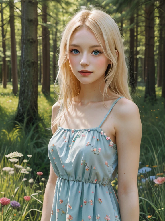 woman, blonde, mature, gorgeous, pale skin, dress, sunny, forest, grass, flowers, happy