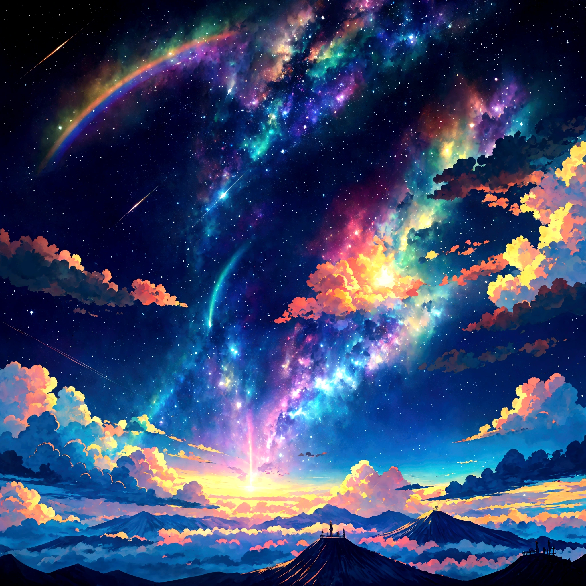 Rainbow Sky,colorful,beauttiful stars,wonderful景色,Utopia,An atmosphere full of dreams and hope,masterpiece.16K, Ultra-high resolution, Ultra-high resolution, to be born,wonderful ,future、Iridescent、The world 30 years from now。