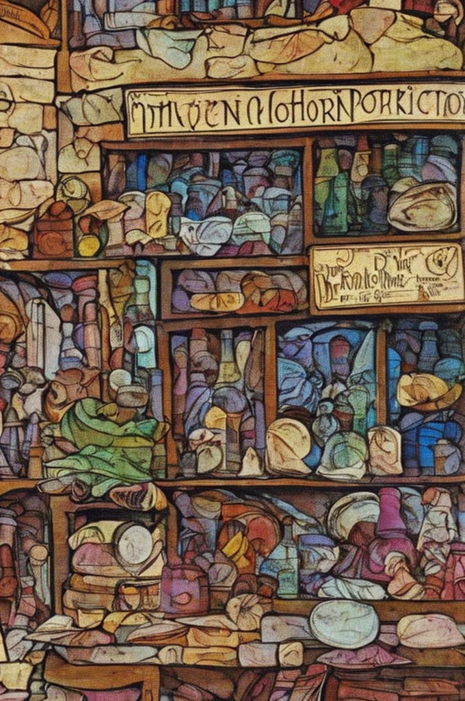 potion shop, village, dirt path way, open side, books and potions in the shop, medieval style, night time, ripped cloth pieces, broken glasses, messy table, pages pinned to wall, wands in the corner, a board in front of shop, old and vinteg looking