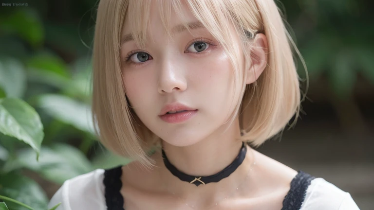 (Bob Cut Hair, Platinum Blonde Hair:1.2),(Wearing a choker, Wear a black blouse:1.2),1 girl,Japanese,21 years old,(Small breasts:1.3),(Highest quality,masterpiece:1.3,超A high resolution,),(Ultra-detailed,Caustics),(Photorealistic:1.4,RAW shooting,)Ultra-Realistic Capture,Very detailed,High resolution 16K human skin close-up。 Natural skin texture、,Pores、、It needs to be detailed enough to be easily identifiable。 Skin should be even-toned and healthy looking。 Use natural light and colour, Sad expression, Looking at the camera, Perfect dynamic composition, Outdoor