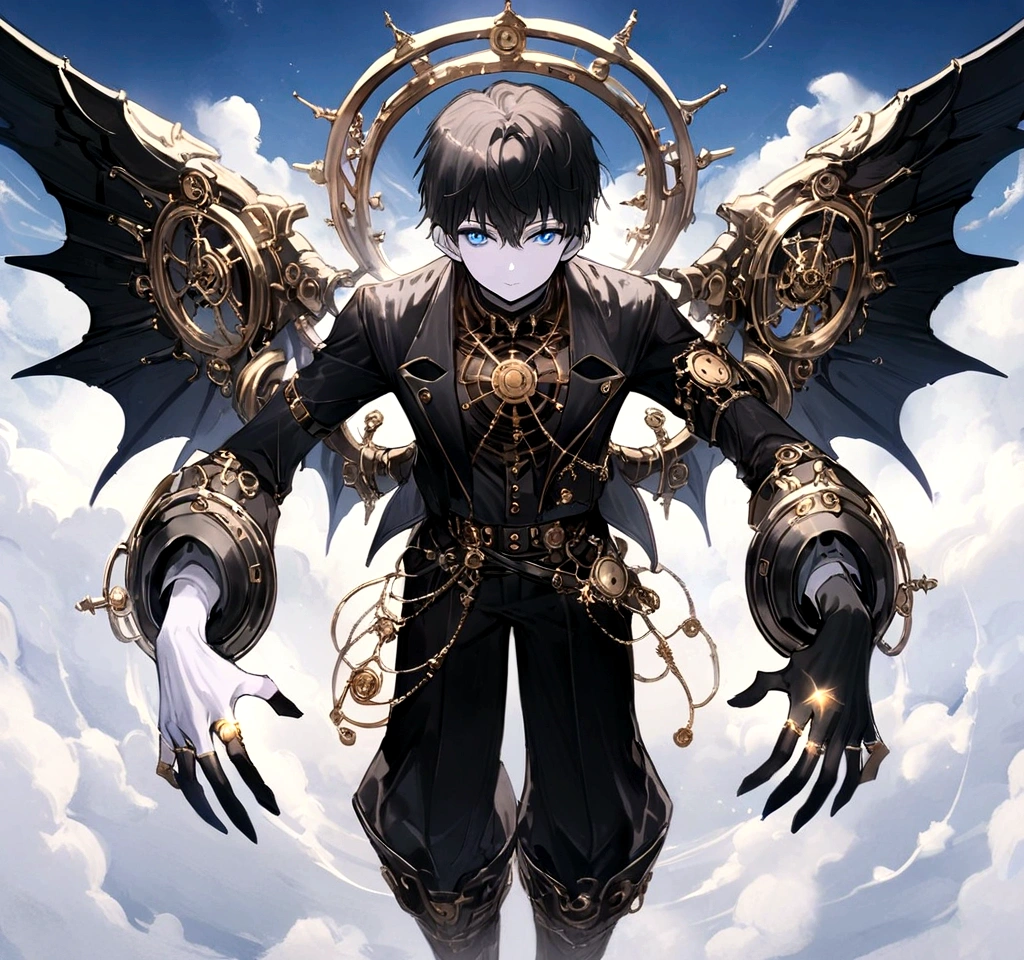 (masterpiece), best quality, 1boy, 1guy, steam punk design, light skin, pale skin color, caucasian skin color, (DARK HAIR, black hair, sky blue EYES), steam punk costume, ultimate detail clockworked ring above his head, Precision wings,  Wings of Precision Machinery, precision ring is above his head, (boy, lanky, 15 years old, middle size) , light skin, pale skin color, caucasian skin color, full body art