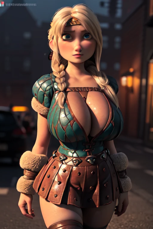 masterpiece, high quality, best quality, realistic, perfect face, expressive eyes, astrid hofferson, 1girl, solo, blonde hair, (single_braid:1.3), blue eyes, prostitute clothes, prostitute little short skirt, prostitute t-shirt, (huge enormous massive  gigantic breasts, larges fat legs, absolute cleavage, plunging neckline), open , enormous large fat absurde sagging gigantic big breasts voluptuous, zettai ryouiki, wide hips, thick thighs, (night, darkness, dark theme:1.3), depth of field, cinematic lighting, standing, contrapposto