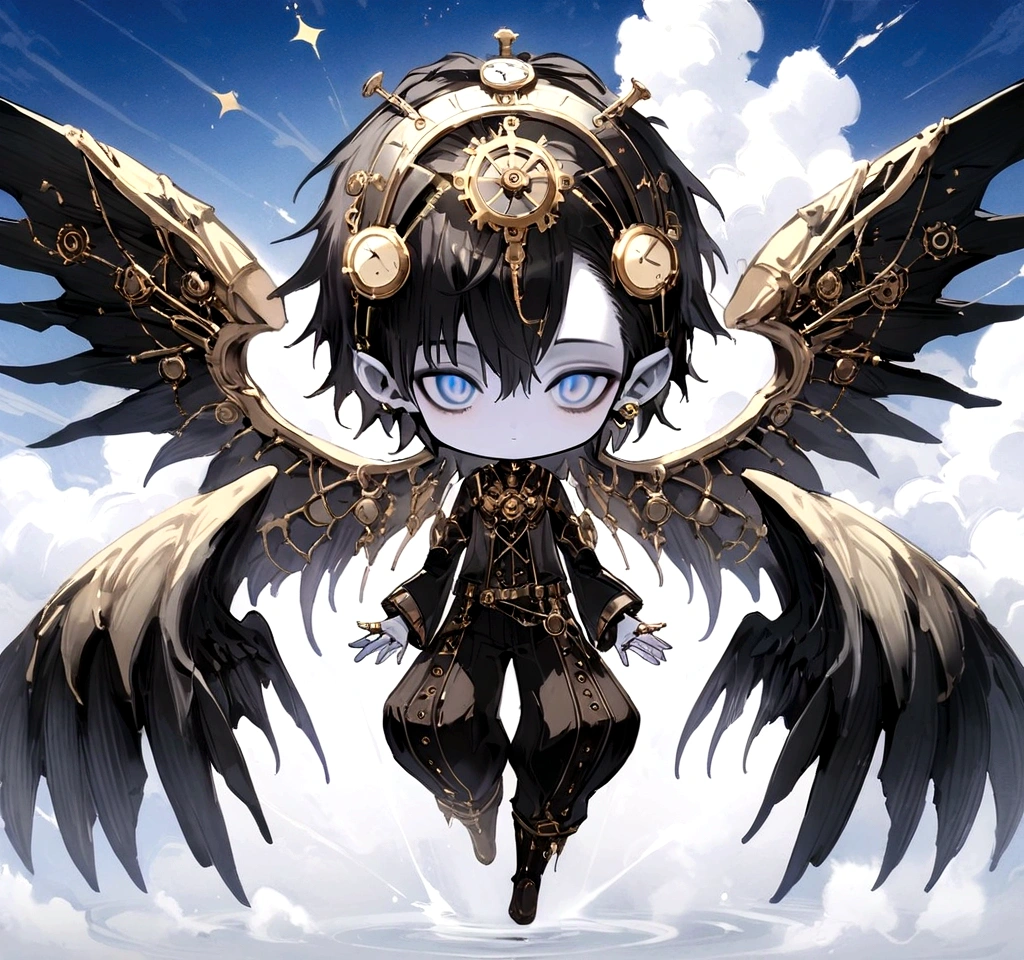 (masterpiece), best quality, 1boy, 1guy, steam punk design, light skin, pale skin color, caucasian skin color, (DARK HAIR, black hair, sky blue EYES), steam punk costume, ultimate detail clockworked ring above his head, Precision wings,  Wings of Precision Machinery, precision ring is above his head, (boy, lanky, 15 years old, middle size) , light skin, pale skin color, caucasian skin color, full body art