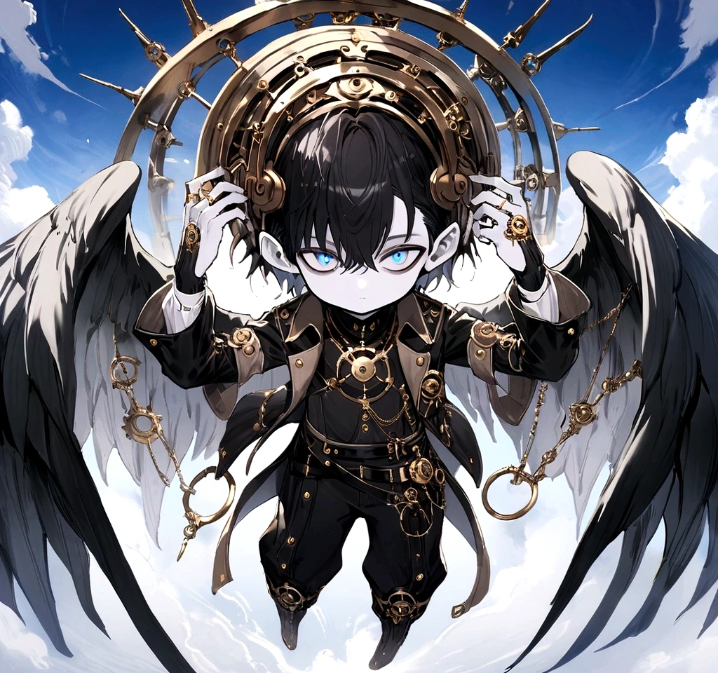 (masterpiece), best quality, 1boy, 1guy, steam punk design, light skin, pale skin color, caucasian skin color, (DARK HAIR, black hair, sky blue EYES), steam punk costume, ultimate detail clockworked ring above his head, Precision wings,  Wings of Precision Machinery, precision ring is above his head, (boy, lanky, 15 years old, middle size) , light skin, pale skin color, caucasian skin color, full body art