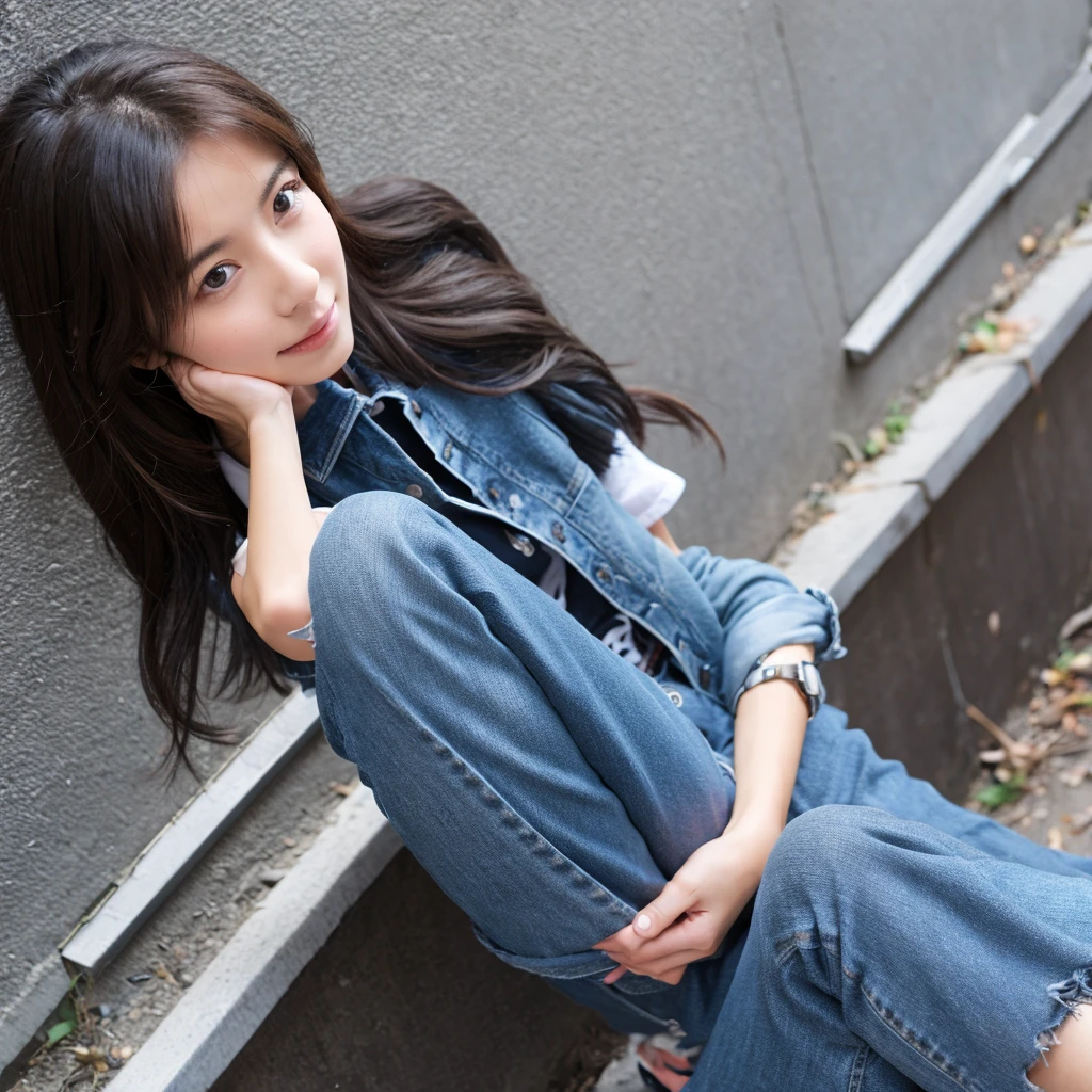 1girl, hugging own legs, on floor, street, alley, from side, looking at viewer,, masterpiece, best quality, highly detailed