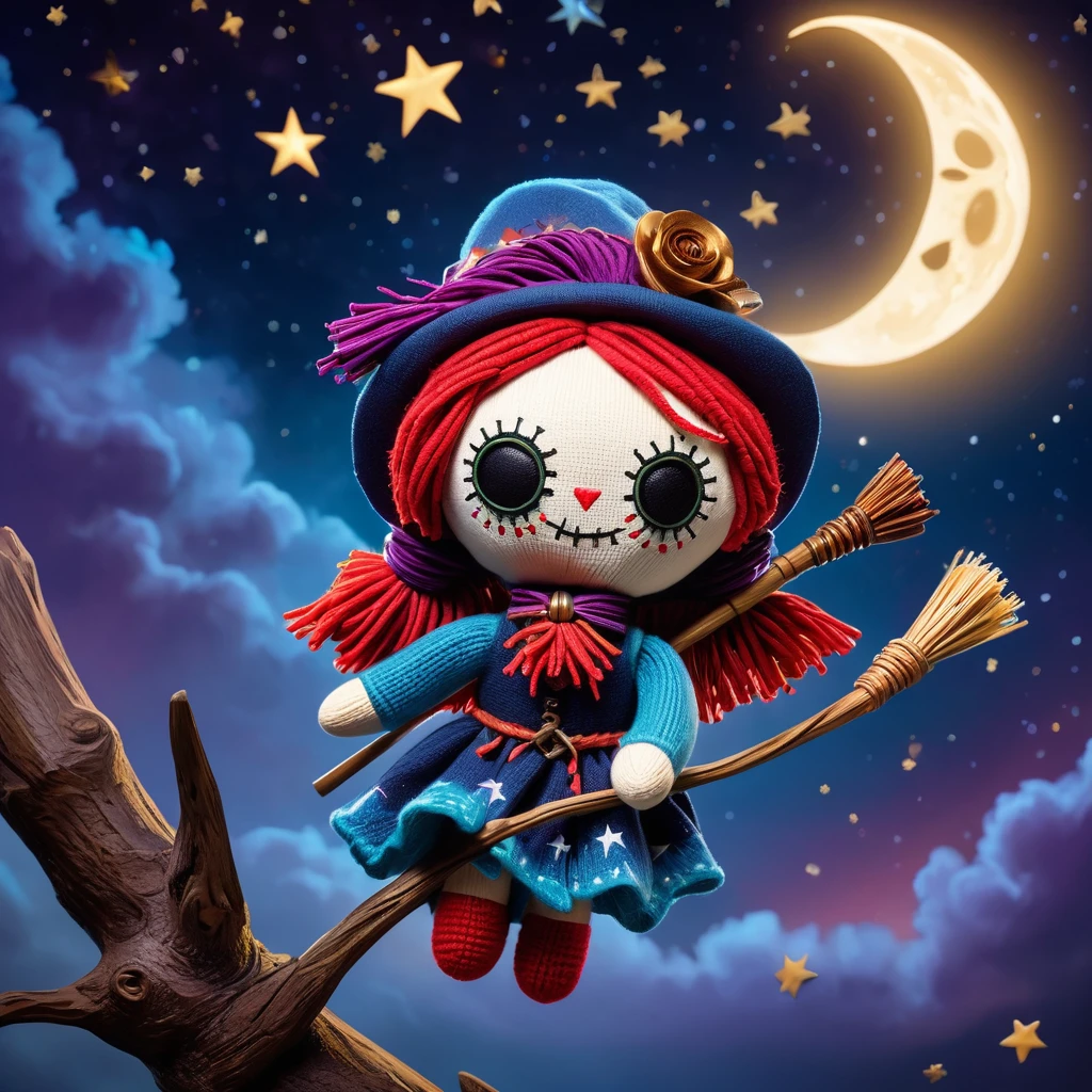(knitted toy voodoo doll:1.6), (Voodoo Sky Wanderer:1.3), (Clothing Ethereal cloak, shimmering in shades of blue and purple, decorated with constellations and stardust:1.0), (Flying compass emitting rays of light, mysterious amulet with symbols of constellations:1.1), (against the background of Clouds at sunset, with visible stars and celestial bodies on the horizon:1.1), best quality, masterpiece, detailed soft oil painting, detailed background, dramatic cinematic lighting, soft edge lighting, professional, dramatic lighting, hard edge lighting, ultra quality, 4k, masterpiece, best quality, 8k, ultra high definition, high resolution, extremely detailed
