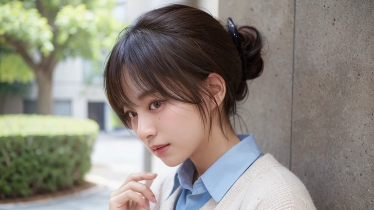 (Ponytail Hair:1.2),(Wear a cardigan over a collared shirt:1.2),1 girl,Japanese,21 years old,(Small breasts:1.3),(Highest quality,masterpiece:1.3,超A high resolution,),(Ultra-detailed,Caustics),(Photorealistic:1.4,RAW shooting,)Ultra-Realistic Capture,Very detailed,High resolution 16K human skin close-up。 Natural skin texture、,Pores、、It needs to be detailed enough to be easily identifiable。 Skin should be even-toned and healthy looking。 Use natural light and colour, Sad expression, Looking at the camera, Perfect dynamic composition, Outdoor