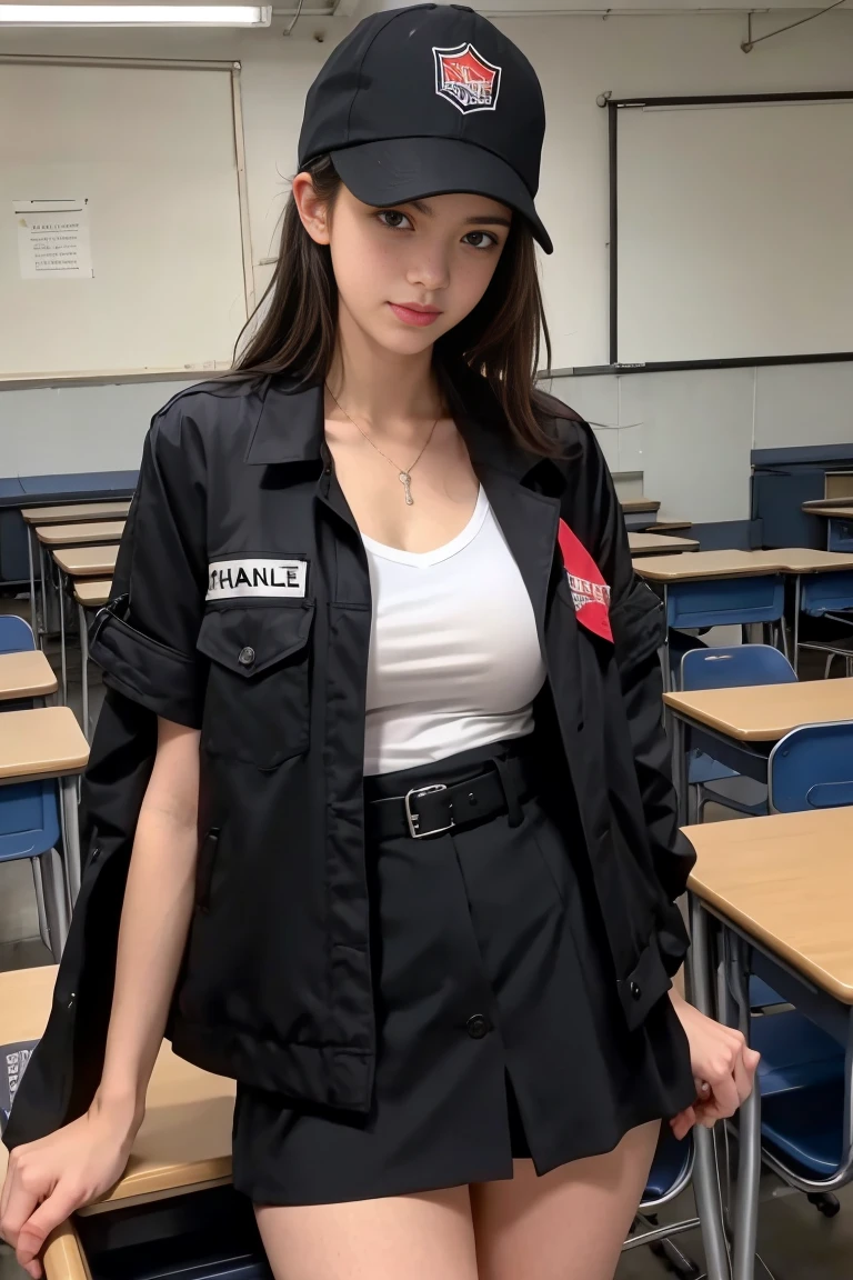 Obra maestra, mejor calidad, Hyper realistic, Cinematic photo, 18 year old girl, ((pale skin)), Polish amazing slim body, ((blusa blanca, negro)), ((negro school shoes)), long wavy brown hair, Piernas delgadas perfectas, Naked body, Caderas anchas, manos perfectas, hermoso rostro, cara perfecta, juvenil, (fondo borroso), estilo moderno, from bebajo, (bajo-angle shoot), bajo_angle_human, imponente, (tiro de cuerpo completo), sentado en las escaleras, tiro por debajo, (Ver visor), mirando al espectador,(8k, epic composition, Fotorrealista, Sharp focus), antecedentes detallados, ((In an empty school)), DSLR, grano de aluminio, sunny day