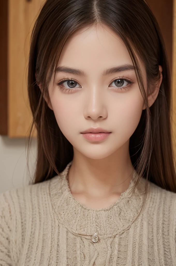 (masterpiece, highest quality, Realistic, High resolution, photograph, :1.3), Sharp focus, One dark brunette girl, Japanese girl, Hot Model, Highly detailed eyes and pupils, Realistic Skin, Slim figure, Neckline, Highly detailed hair, Delicate face, Sensual look, Bright lips, ((Wearing an oversized, loose off-the-shoulder shirt)), indoor, whole body,