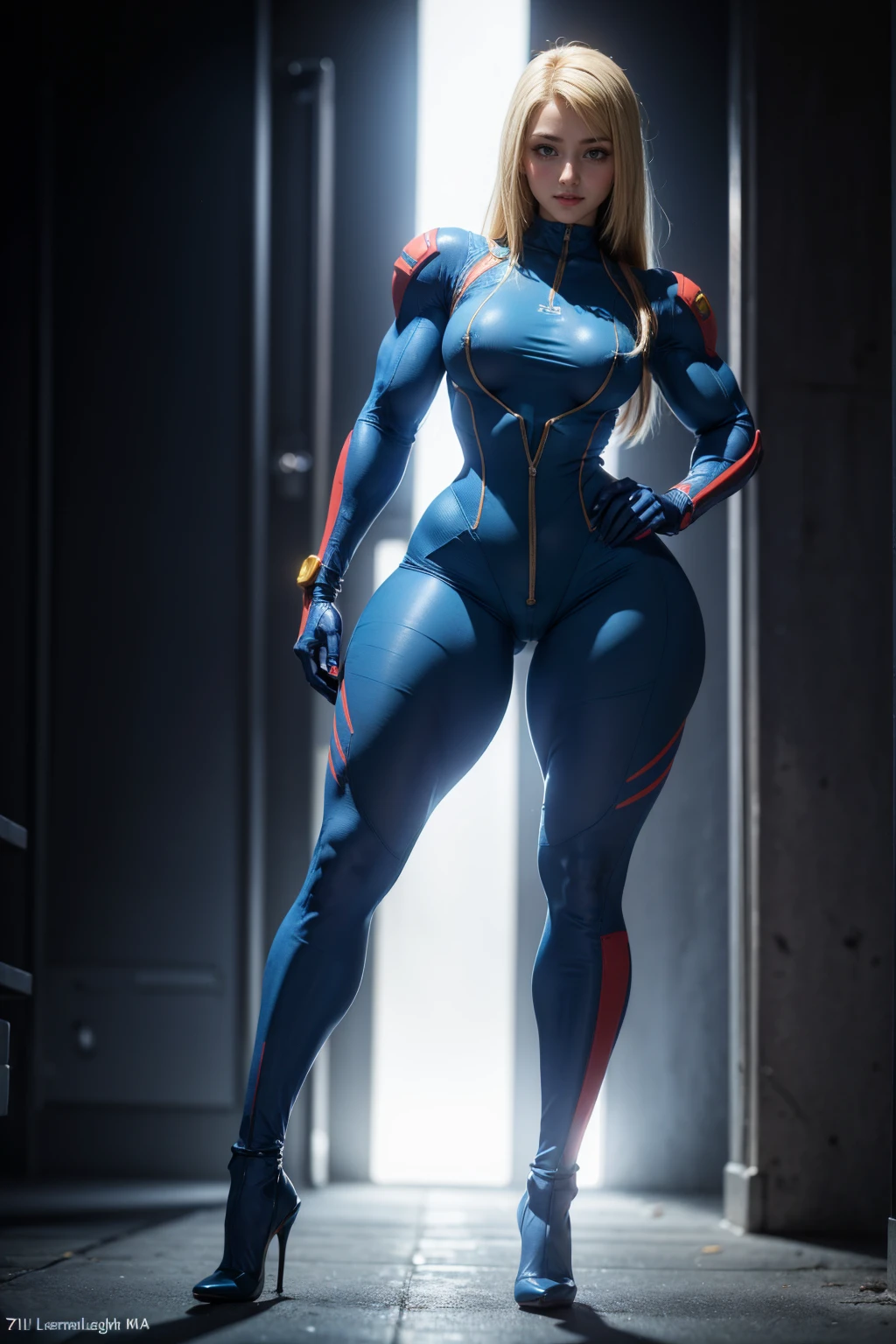 (Muscular:1.8), (thick thighs:1.2), (large round breasts:1), (large muscular chest and shoulders:1), FEMALE, blonde hair, long blonde hair, (big smile:1), (wearing tight sexy blue Samus Zero Suit:1.6), looking at viewer, (three quarter view:1.3), upper body view, (dark futuristic lab at night:1.5), (dark lighting:2), detailed skin, detailed eyes, (clean skin:1.5), (very thin waist:1.6), (huge body muscles:1.6), (one protagonist:1.5),