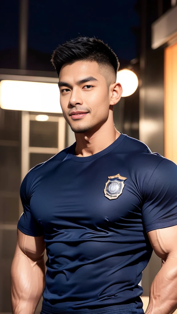 korea male , big muscles, handsome, cool, smoothly combed hair, pierced ears, wearing a t-shirt navy top, holding a lollipop, portraiture, modeling, dynamic pose, Japanese street, late at night, store lights trade, full half body shot, kind_smile, ,(open mouth:1.5), fullbodypolice officer, Korean Men ,facial hair, Full body, ,(Police badge) ,(Torn navy round neck shirt), (Navy blue round neck shirt.), (Abrasions on the body....: 1.3), (Navy Cargo Pants: 1.3), Short Hair Hair, (High shadow detail),Pectoral muscles, Big arm muscles, blood vessel, Big muscles, Wide shoulders, Abrasions on the body...., Abrasions on the face, nighttime ,handsome guy,looking to the camera,frontage,high qulity,tmasterpiece,8K.4K,1080P,Light-sensitive,Flood