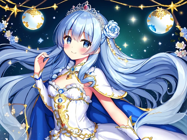 best quality,(long train blue cape:1.15),(long train white ball gown with floral decoration:1.15), a girl is wearing a cape over her dress, anime style, rococo style, little princess, tiara, kind smile, very long hair, small breast, perfect fingers, masterpiece