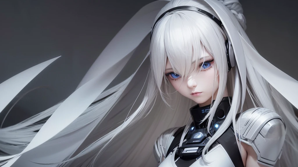 :03:47 high quality、An android woman in a white suit with long white hair looking up with a blank look、pull、The background is a solid grey color、ruins、robot、tank、war、Killing each other、Blood