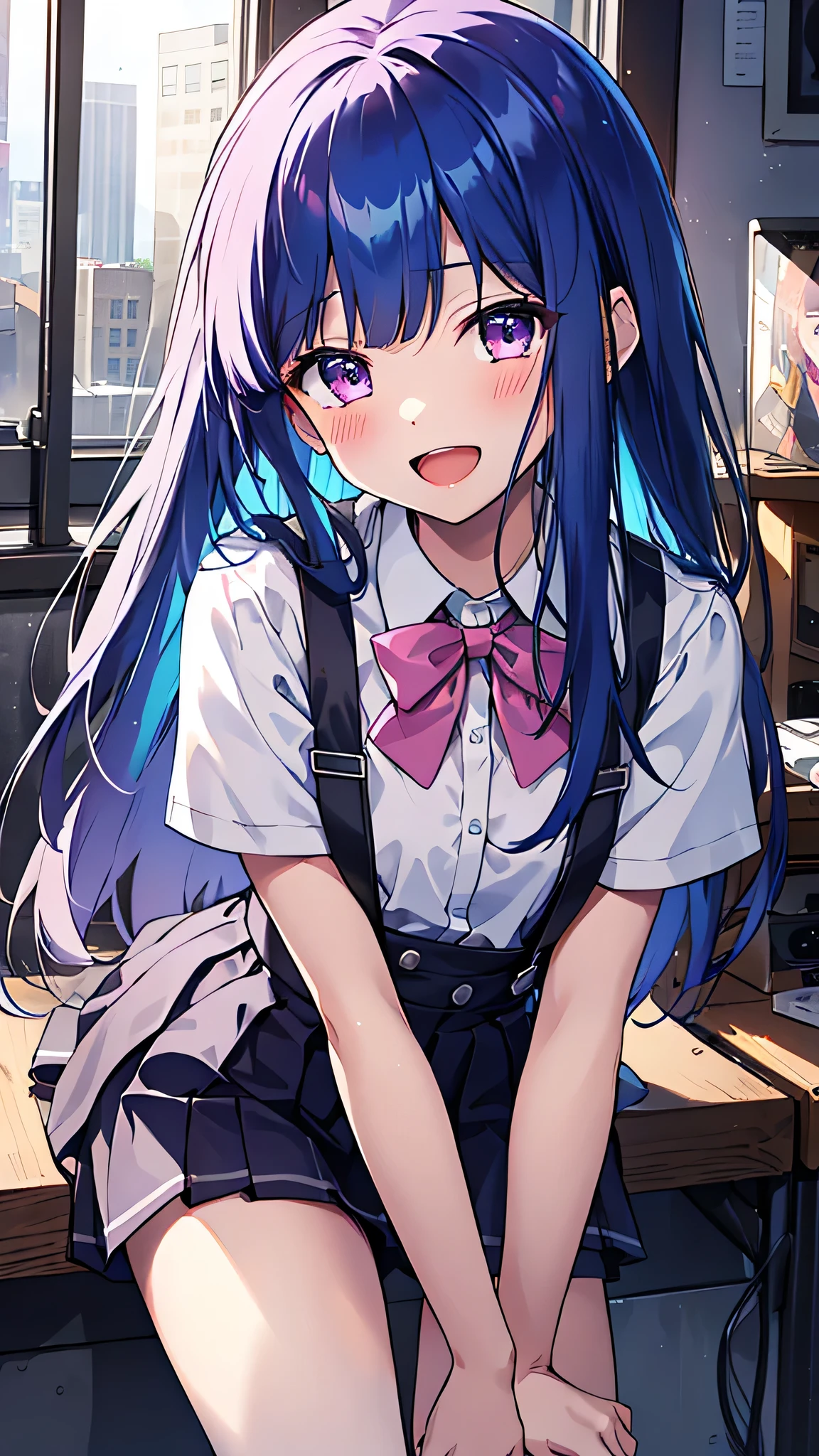 1girl, solo, furude rika, blue hair, long hair, looking at viewer, blush, bangs,flat chest, purple eyes, long hair, white shirt, shirt, bow,  short sleeves, pink bow, pleated skirt, suspender skirt,miniskirt, collared shirt,  bow tie, pink bow tie,(leaning forward,arms behind back),open mouth,smile,happy,masterpiece,Noise Reduction,perfect anatomy,high resolution, ultra-detailed,game cg,dutch angle ,beautiful detailed eyes,visualart,five fingers, perfect hands, perfect lighting,