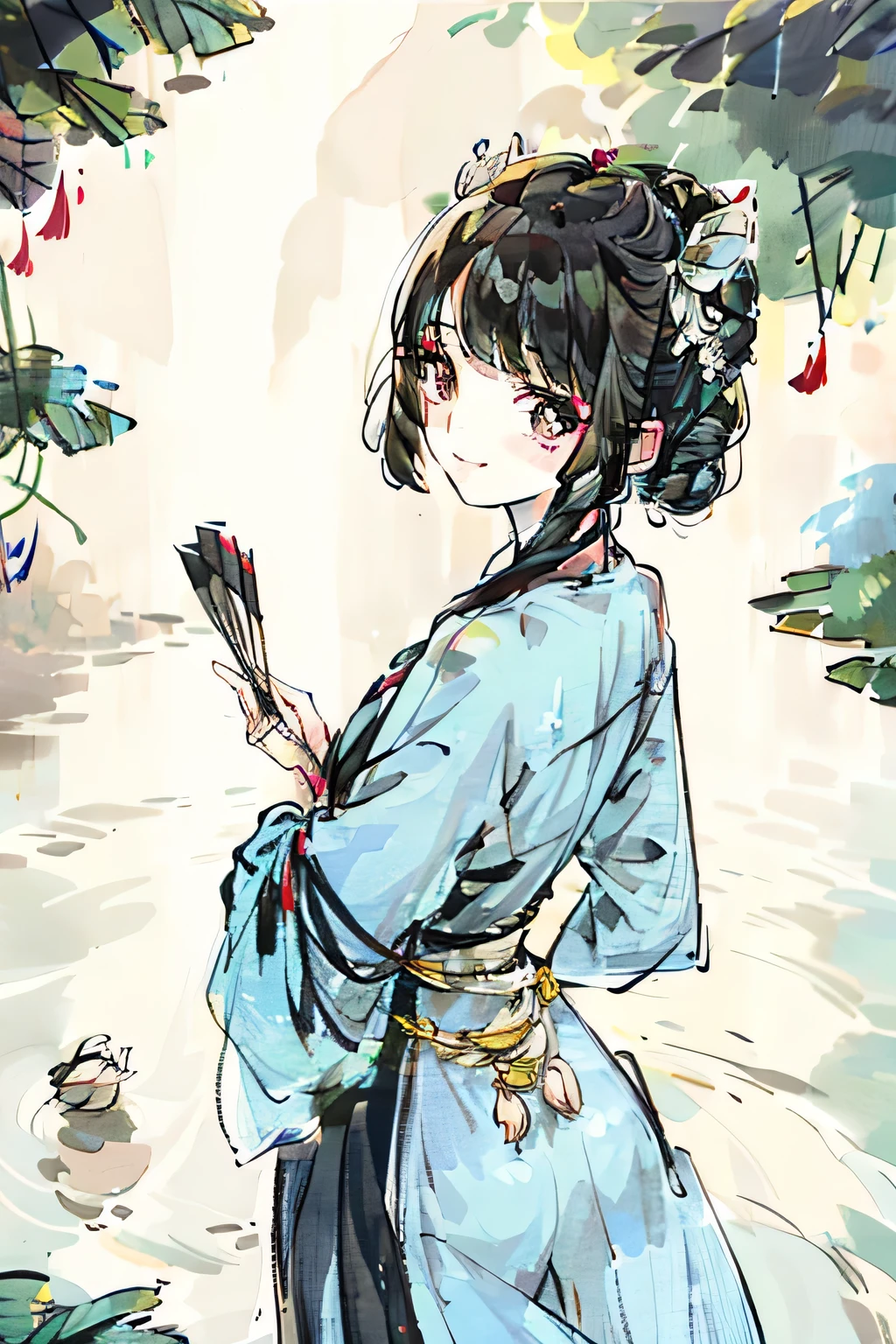 Black-haired girl，lotus，Looking back and smiling，Holding a folding fan