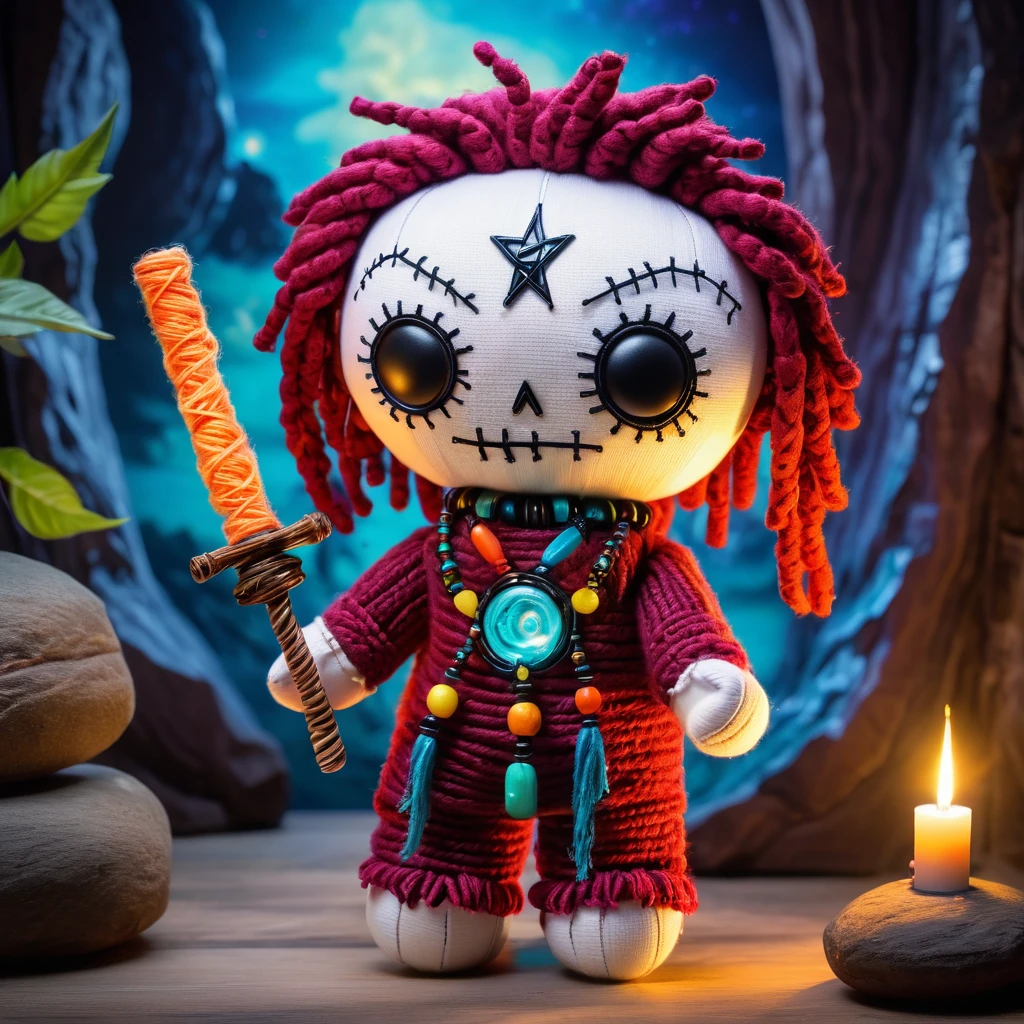 (knitted toy voodoo doll:1.9), (Voodoo Lion:1.3), (Shadow Lord:1.3), (Clothing: dark mane with mystical symbols:1.0), (Accessories: enchanted crown emitting dark light, levitating spectral flames:1.1), (background: ancient ruins with floating ashes, glowing embers, and spectral lions:1.2), best quality, masterpiece, detailed soft oil painting, detailed background, dramatic cinematic lighting, soft edge lighting, professional, dramatic lighting, hard edge lighting, ultra quality, 4k, masterpiece, best quality, 8k, ultra high definition, high resolution, extremely detailed